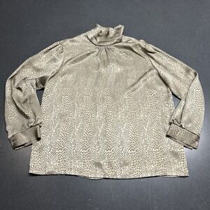Vintage 80s Russ Blouse Women 16 Tan Leopard Print Satin Mock Neck Secretary